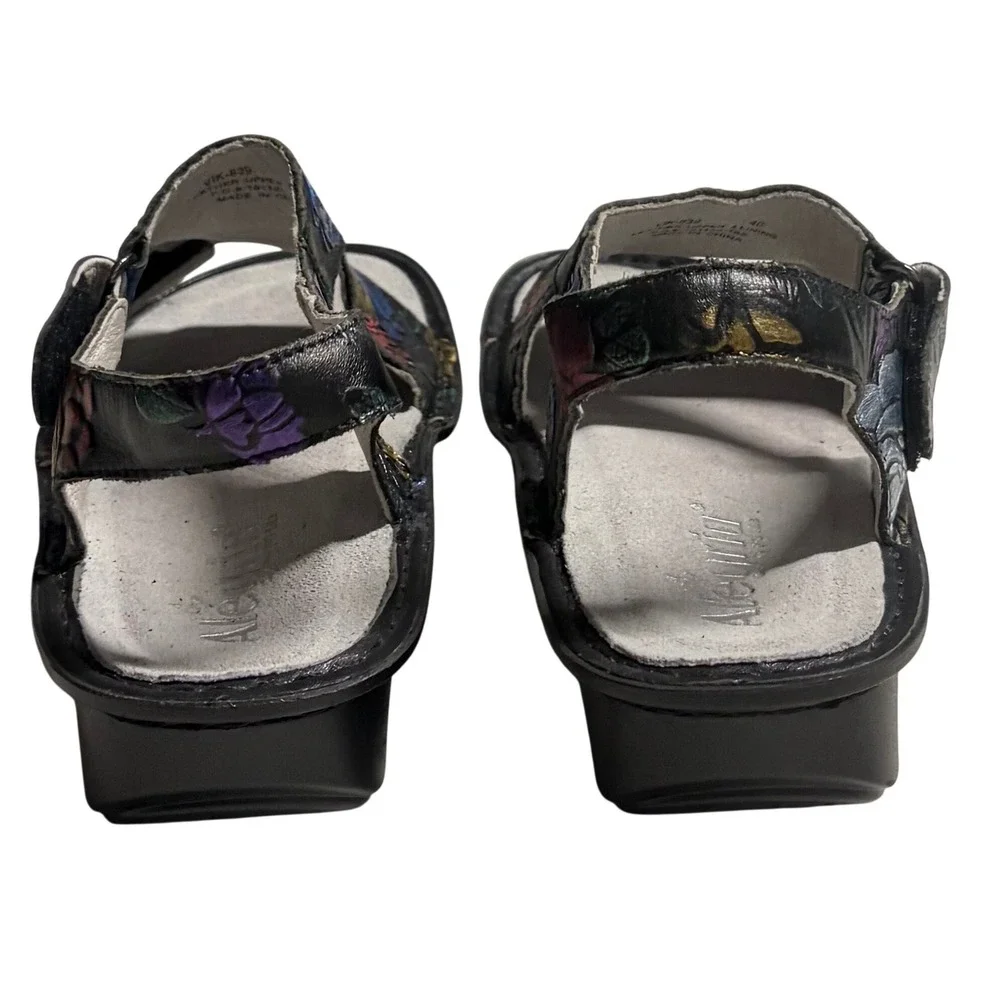 Alegria Black Metallic Floral Leather Sandals 9.5 Boho Whimsigoth Festival Art